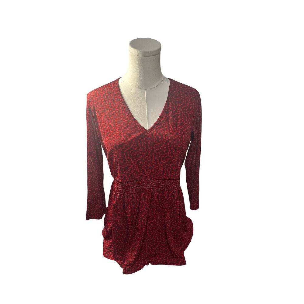 Liz Claiborne Womens M Red Ditsy Floral Smocked Waist Peplum V-Neck Blouse Y2K